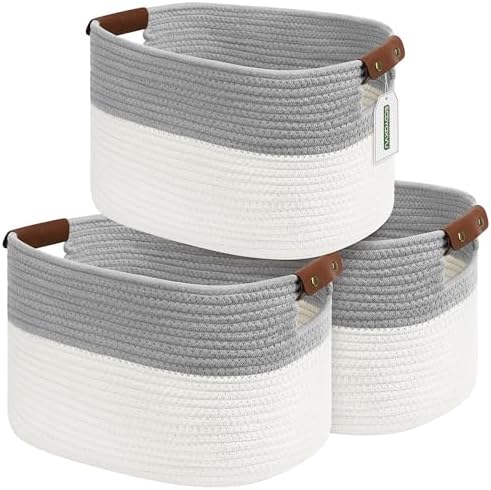 ECDYQXVU 15x10x9 Woven Cotton Rope Storage Basket, Leather Handles 3 Pack by ECDYQXVU