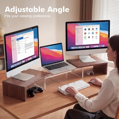 High-Clarity Dual Monitor Riser, Desk Organizer for Computer Monitor, Acrylic Monitor Riser with Keyboard Storage, Adjustable Angle & Length Computer Monitor Stand Walnut Look - Image 5
