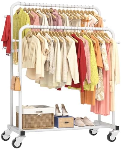 Laiensia Double Rods Garment Rack with Wheels, Clothing Rack for Hanging Clothes,4 Hooks, Multi-functional Bedroom Clothes Rack, White by Laiensia