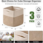 ICERZCZ 13 Inch Cube Closet Storage Bins, Woven Cotton Rope Organizer Baskets for Organizing & Shelves, Books, Towels, Clothes, Toys, 13x13x13 in, Off White & Brown (Pack of 3) - Image 2