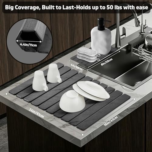 Large Stone Dish Drying Mat for Kitchen Counter, Quick Dry Dish Drying Mats, Foldable Absorbent Diatomaceous Earth Mats for Plate Rack Bottles Cups, Match Any Countertop (Gray Marble 24"×16" & 8"x4") - Image 3