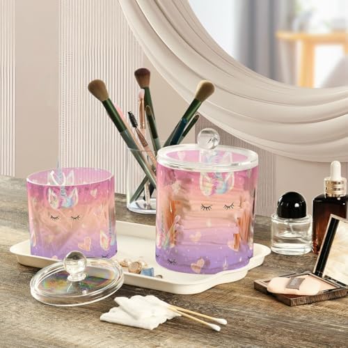 Rainbow Gradient Shiny Unicorn Horn Lashes Hearts Qtip Holder Waterproof Dustproof Apothecary Jars with Lids For Bathroom Cotton Swabs Makeup Sponges Floss Picks Bath Salts 2 Pack - Image 5