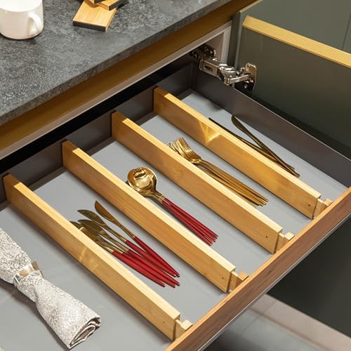 Basicwise 4 Piece Bamboo Expandable Drawer Dividers Adjustable Spring Loaded Organizers for Kitchen Utensils Clothes and Makeup Tools Perfect for Home Organization in Bedroom Bathroom Dresser & Desk - Image 2