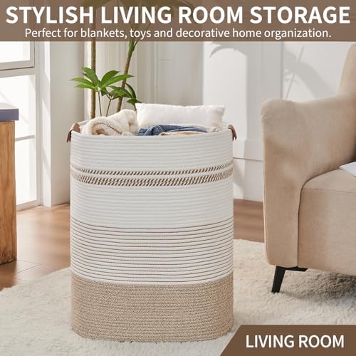 AINUOQI Laundry Basket with Handles - Blanket Basket & Hampers for Bedroom Aesthetic, Laundry Hamper & Blanket Storage for Living Room, Clothes Hamper, Tall, Large 17" x 14" x 22”, Light Brown & White - Image 7