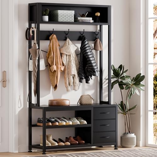 Hall Tree with Bench & 3 Drawers Storage 31.5" Coat Rack Entryway Organizer - Image 2