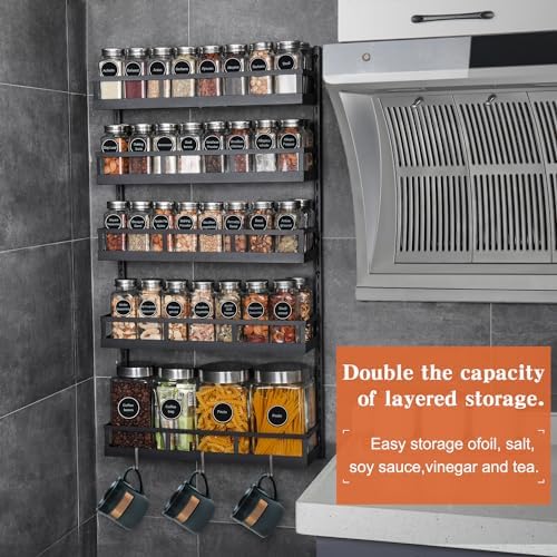 X-cosrack Wall Mount Spice Rack Organizer 5 Tier Height-Adjustable Hanging Spice Shelf Storage for Kitchen Pantry Cabinet, Dual-Use Seasoning Holder Rack with Hooks, Black-Patented - Image 5