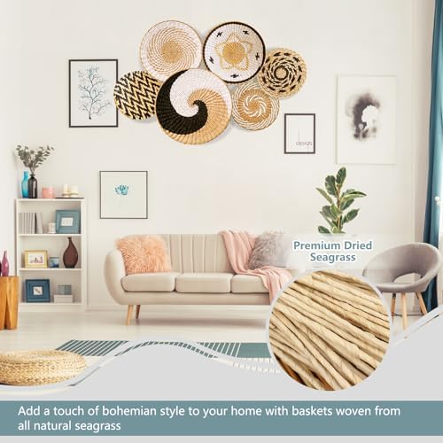 Set of 6 Large Round Rustic Farmhouse Trendy Wall Decor - Rattan Seegrass Handcrafted Hanging Woven Wall Baskets With Attached Hooks - Perfect For Bedroom & Living Room Decor - Image 3