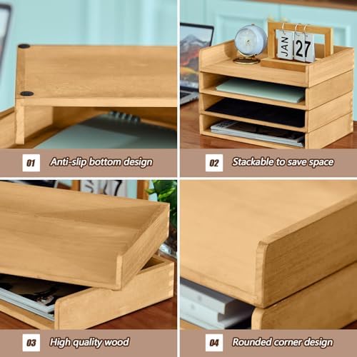 Yeaqee 4 Pcs Stackable Organizer Tray Wood Desk Organizer, Light Wood Color - Image 3