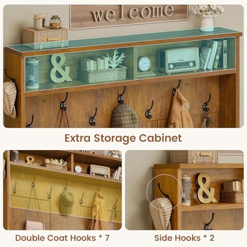 Itaar Hall Tree with Bench and Shoe Storage, 5-in-1 Entryway Bench with Coat Rack, 10 Shoe Cubbies & 9 Coat Hooks, Barn Door & Adjustable Shelf (Rustic Brown) - Image 4