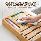 9 in 1 Bamboo Kitchen Drawer Organizer for Storage Bags, Foil & Plastic Wrap Holder with Built-In Cutter, Fits Gallon, Quart, Sandwich, and Snack - Image 5