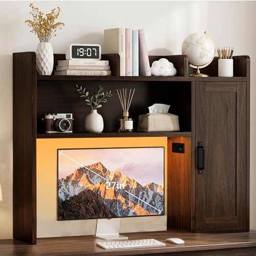 Desktop Bookshelf, Desk Hutch with RGB LED Lights & Power Outlets by Homiflex
