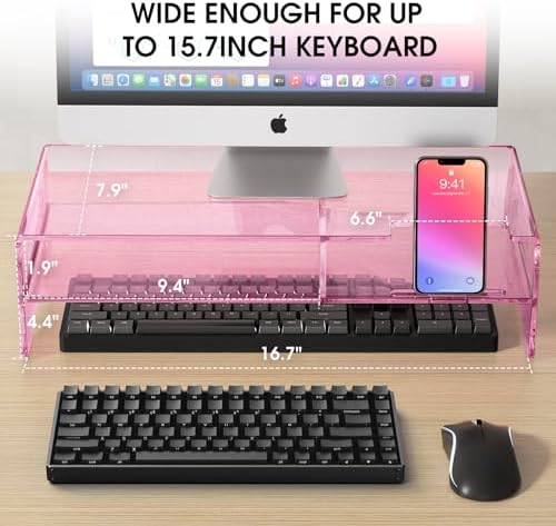 Pink Acrylic Monitor Riser, 2-Tier Desk Computer Stand With Storage & Phone Holder - Image 2