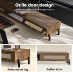 Fenge Dual Monitor Stand, Wooden Riser with Rattan Woven Flip Drawers - Image 3