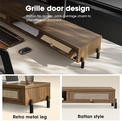 Fenge Dual Monitor Stand, Wooden Riser with Rattan Woven Flip Drawers - Image 3