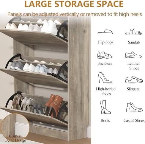 Wodeer Narrow Shoe Cabinet for Entryway, Slim Shoe Storage Cabinet with 3 Flip Drawers, Hidden Wood Shoe Cabinet Storage, Freestanding Shoe Rack Organizer Foyer, Hallway, Grey - Image 4