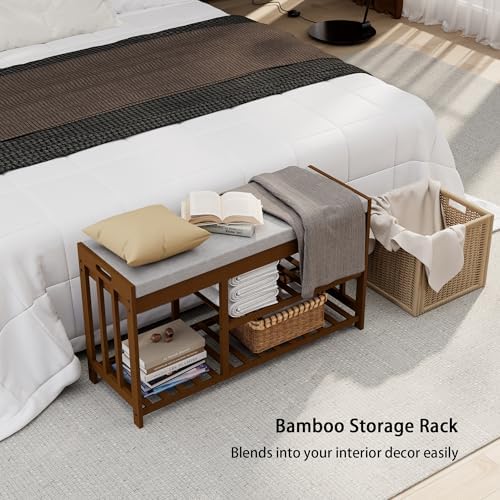 Bamboo Shoe Storage Bench with Cushioned Seat 3-Tier Entryway Shoe Rack - Image 6