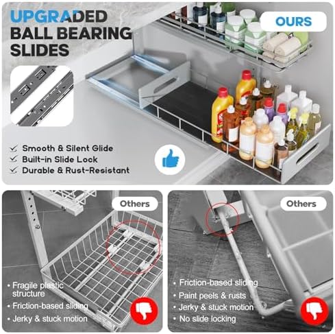 Under Sink Organizer Upgrade To Professional Rails,2-Tier Dual Pull Out Cabinet Storage,Height Adjustable Slide Out Drawers For Bathroom Kitchen,2 Pack-21"Dx12.8"-16.9"H,Gun Gray - Image 3