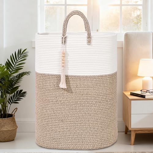 Woven Laundry Basket for Clothes, 50L Large Rectangle Laundry Hampers with Beads Tassel, Nursery Storage Basket for Toys, Tall Dirty Clothes Hamper for Bedroom Aesthetic, Laundry Room Organization - Image 6