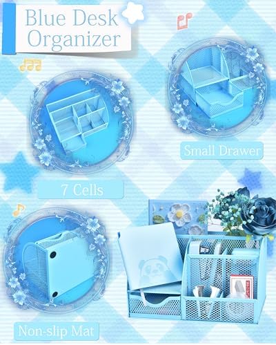 23pc Blue Desk Accessories and Organizers with Mesh Organizer Stapler Tape Dispenser Calculator and a Lot of Office Purple Office Supplies Beautifully Presented in a Gift Box - Image 2