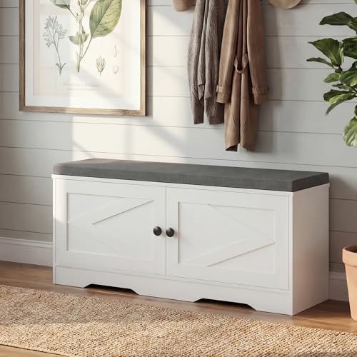 Apicizon Shoe Storage Bench, 2 Tier Entryway Bench with Padded Seat Cushion, 2 Barn Doors, Adjustable Shelves, 39.37" Shoe Bench with Storage for Entrance Hallway Bedroom Living Room, Beige White - Image 6