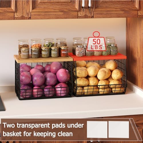2 Set Stackable Wire Basket with Wooden Tops & Pad for kitchen organizers and storage, XXL Kitchen Counter Organizer for Fruit, Vegetable, Bread, Potato and Onion Storage Bin - Image 2