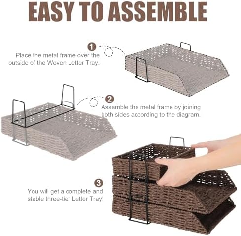 Geelin 3 Pack Paper Rope Woven Stackable Letter Paper Tray, Brown - Image 3