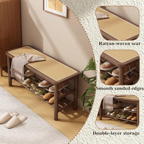 SOBIBO Bamboo Shoe Rack Bench with Rattan Seat, 3-Tier Shoe Storage Bench, Entryway Bench for Hallway,Walnut 39.4 inches - Image 3