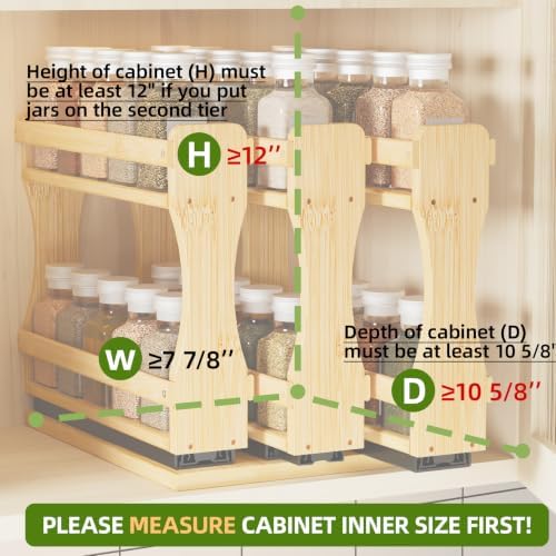 BAMEOS Pull Out Spice Rack Organizer for Cabinet, Bamboo Wide 7.7" Slide Out Seasoning Organizer for Kitchen, No Drill Anti-Tip Ball Bearing Silent Glides, Pantry Cabinet Organizer, Natural - Image 5