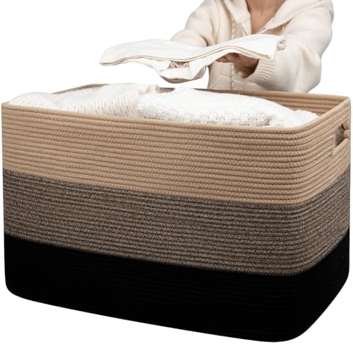 OIAHOMY 118L Extra Large Blanket Basket Cotton Rope Storage Basket Black by MasterofSpaceOptimization