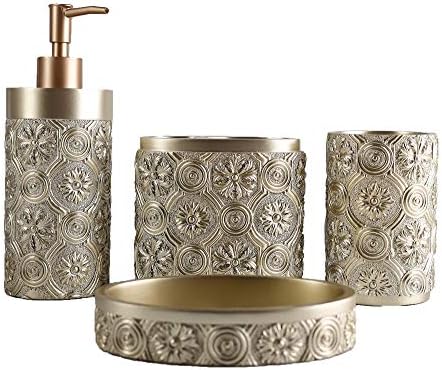 Hymmah Bathroom Accessories Set,Golden Design Toothbrush Holder,Farmhouse Bathroom Decor,4 Pcs Resin Gift Set Apartment Necessities, Contain Toothbrush Cup,Soap Dispenser,Soap Dish,Tumbler by Hymmah