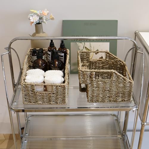GYASVWU Seagrass Pantry Baskets for Organizing, Wicker Storage Baskets for High Shelves with Handles, Rattan Baskets for Home, Cabinet, Farmhouse, 2 Pack (Seagrass Color) - Image 6