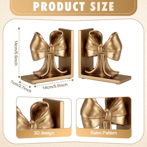 Epakh 2 Pcs Gold Bow Book Ends Decorative Bookends - Image 3