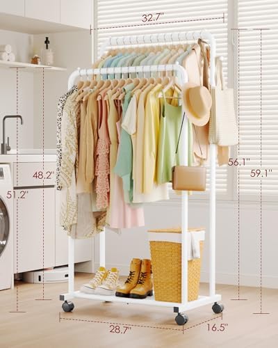 Sakugi Double Rod Clothes Rack Mesh Shelf & Hooks, 28.7x16.5x59.1, White - Image 2