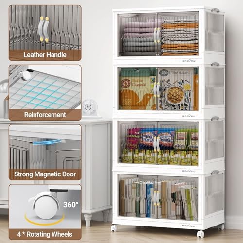 BROVIEW 300Qt Stackable Storage Bins with Lid, Extra Large Closet Organizer Collapsible Drawer Boxes with Wheels, Folding Plastic Cabinet Containers for Home Kitchen Room Organization, 3Pack White - Image 3