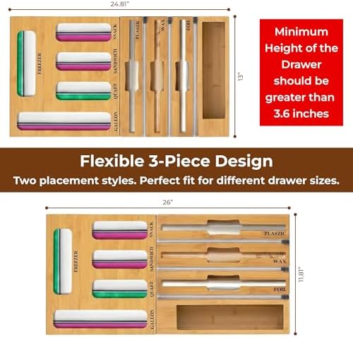 9-in-1 Bamboo Kitchen Drawer Organizer - Storage Bag Holder with Built-In Foil & Wrap Cutter Dispenser - Wooden Food Storage Bag Organizer for Gallon, Quart, Sandwich and Snack Sizes - Image 4