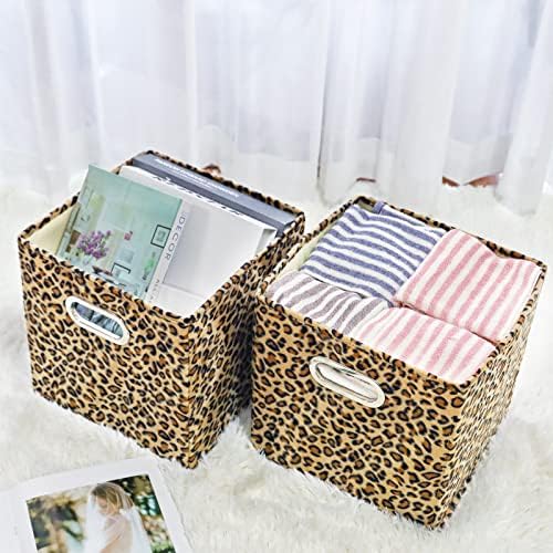 ANMINY Leopard Cheetah Print Storage Cubes Bins, Velvet, Brown, 11Inch 2PCS - Image 5