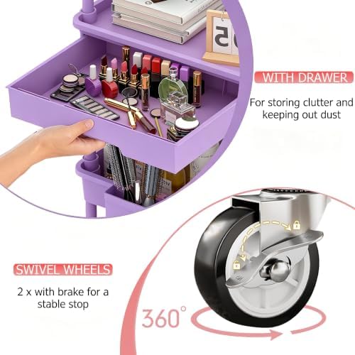 REBECAT 4 Tier Rolling Cart with Drawer, Utility Storage Cart on Wheels for Kitchen, Bathroom, Living Room,Office(Purple) - Image 6
