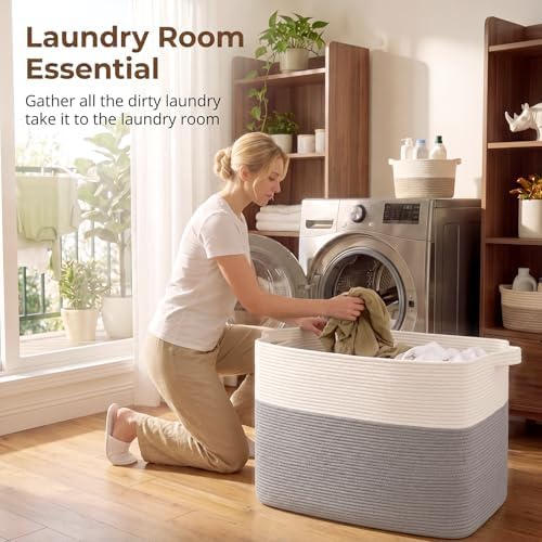 OIASKET 108L Cotton Rope Storage Basket for Living Room and Bedroom 25"x16"x16" Woven Laundry Basket, Heavy Duty Bin for Blankets, Pillows & Toys, Pet-Safe & Scratch-Free, Grey and White - Image 6