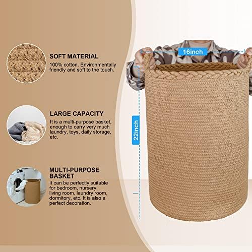 72L Cotton Woven Laundry Hamper,Laundry Basket for Blankets,Pillows,Toys,Shoes Tall Clothes Hamper Light Brown 22''H 16''D - Image 4