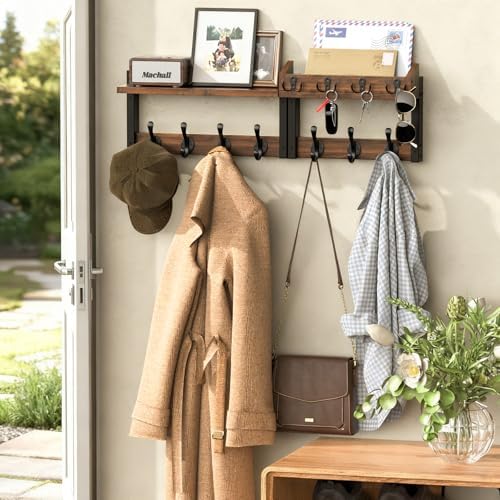 29'' Rustic Coat Rack Wall Mount with Shelf, Solid Wood Coat and Key Hanger with 11 Metal Hooks, Farmhouse Wall Organizer for Mail, Entryway Wall Hangers for Hats, Clothes, Backpacks, Mudroom - Image 2