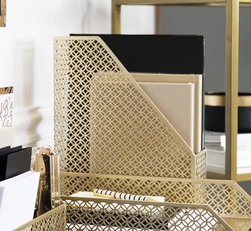 BLU MONACO | Gold Metal Magazine File Holder | Decorative Vertical File Organizer & Book Holder for Desk, Shelves & Office | Stylish Paper Organizer & Workspace Storage - Image 3
