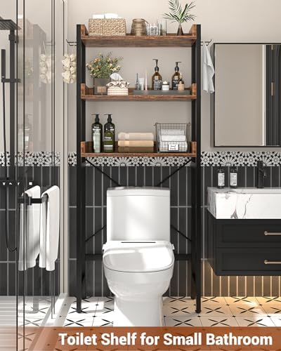 Ecoprsio Over-The-Toilet Storage Rack, 3-Tier Bathroom Organizer Shelf Over Toilet, Freestanding Space Saver Toilet Stands with 4 Hooks, Rustic Brown - Image 4