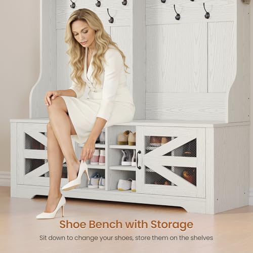 Itaar Hall Tree with Bench and Shoe Storage, 5-in-1 Entryway Bench with Coat Rack, 16 Shoe Cubbies & 12 Coat Hooks, Barn Door & Adjustable Shelf (Embossed White) - Image 6