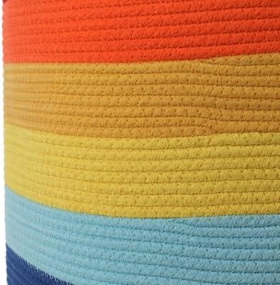 16"x20" Extra Large Cotton Rope Basket with Zipper Lid, Woven Laundry Hamper and Blanket Storage Basket, Round Clothes Bin for Living Room Bedroom, Rainbow & White - Image 4