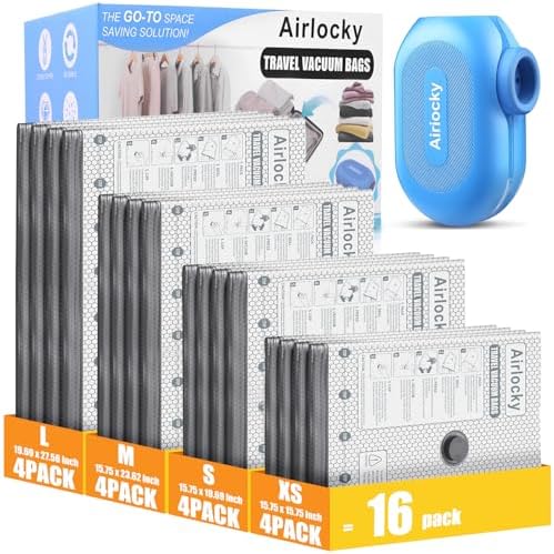 Travel Vacuum Bags with Rechargeable Pump, 16 Pack Compression Packing Bags with 35KPA Electric Pump, 90% Space Saver for Clothes, Vacuum Seal Bags fo Carry-on Luggage Suitcase by Unknown