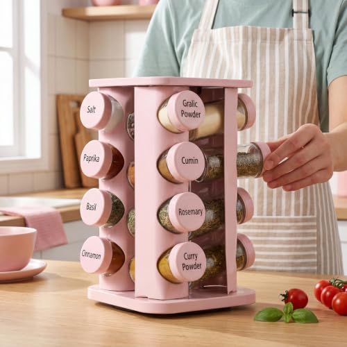 Yungyan Pink Square Rotating Spice Rack with 16 Empty Jars and Labels - Image 3