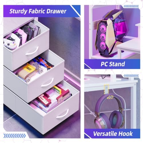 SUPERLELE Gaming Desk with Power Outlet, LED Lights, Storage Shelf & Drawer - Image 7