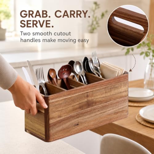 Acacia Wood Silverware Caddy, 4-Compartment Countertop Organizer - Image 3