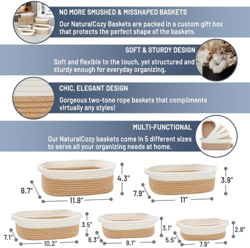 NaturalCozy 5-Piece Rectangle Storage Basket Set- Natural Cotton Rope Woven Baskets for Organizing! Small Basket for Montessori, Baby Nursery, Dog Toy Baskets, Cat Toy Box, Bathroom Organization Bin - Image 2