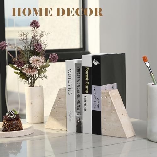 Karibiber Travertine Bookends for Heavy Books, Marble Decorative Bookends for Shelves, Heavy-Duty Stone Book Ends for Hardback Book & Cookbooks, Unique Book Stopper & Holder, Travertino Italy - Image 4